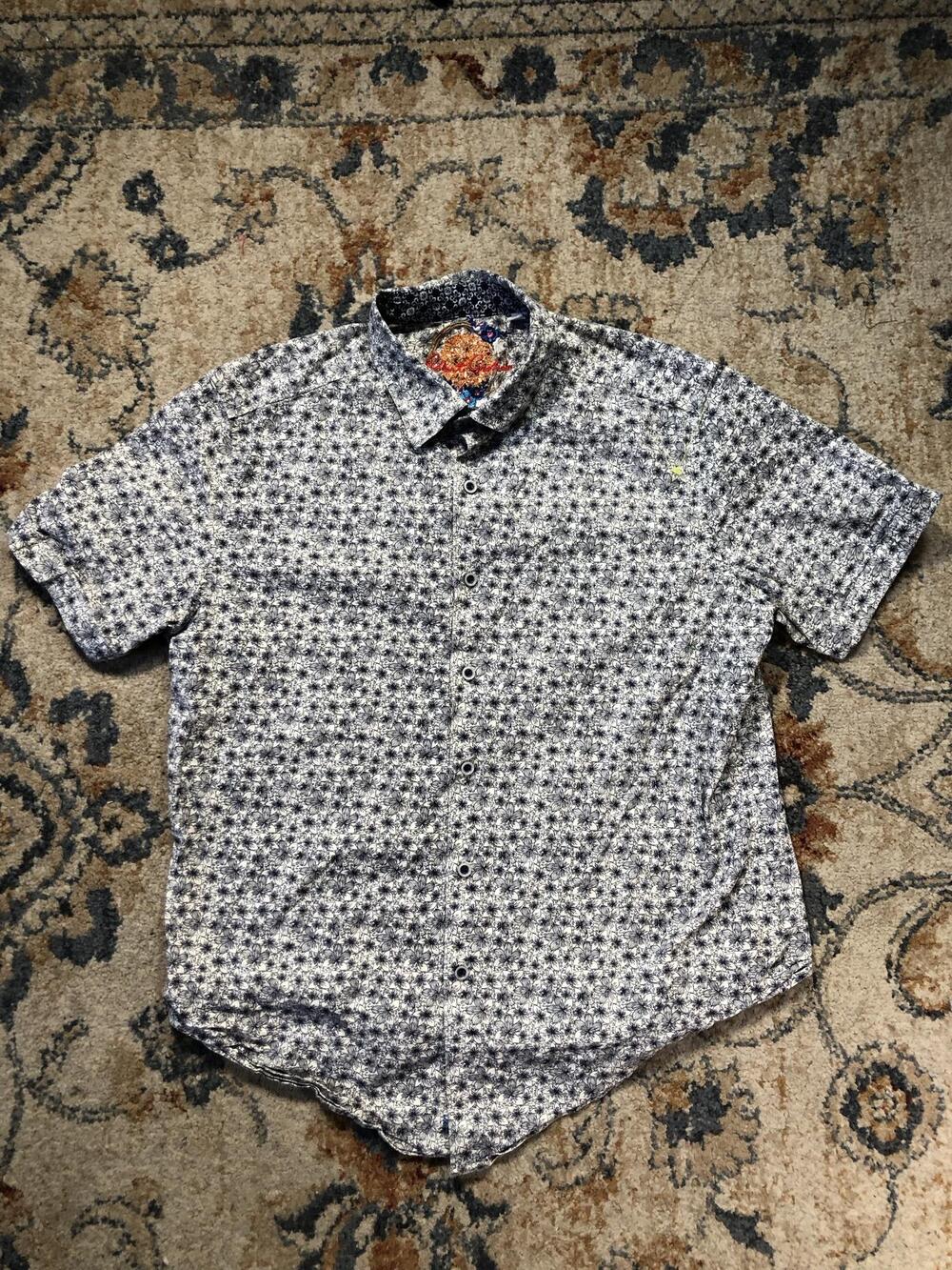 Robert Graham Shirt Mens L White Floral Short Sleeve Button Up Classic Fit